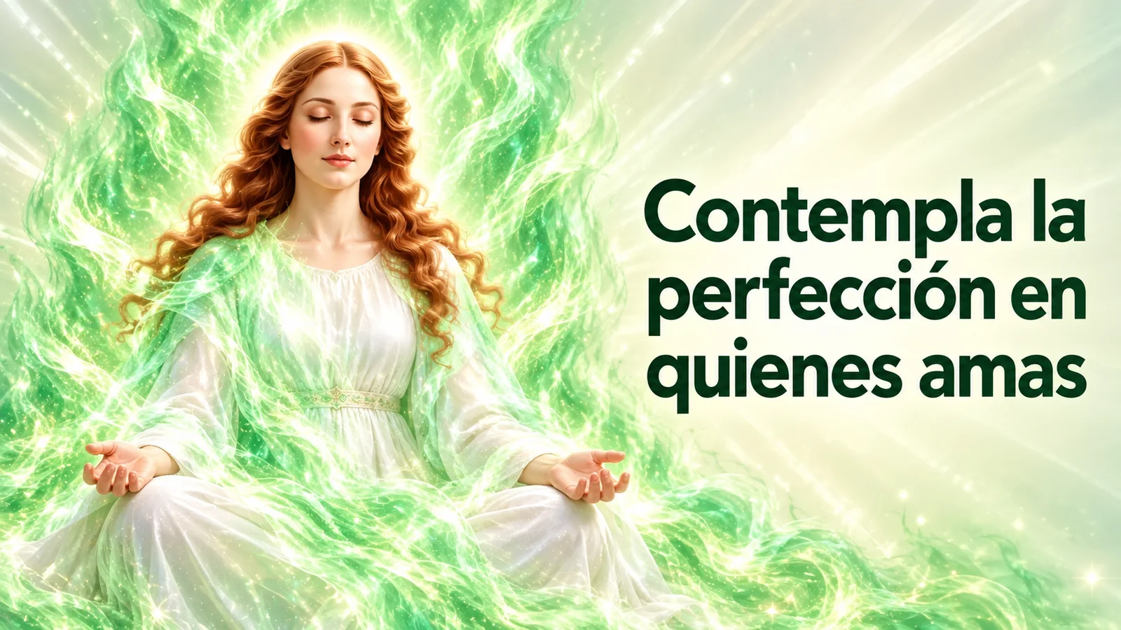Contempla La Perfección En Las Personas Que Amas Contempla Perfeccion Madre Maria Fuego Verde Yo Soy Espiritual Representación De La Madre María Meditando Entre Llamas Verdes, Con El Texto «Contempla La Perfección En Quienes Amas».