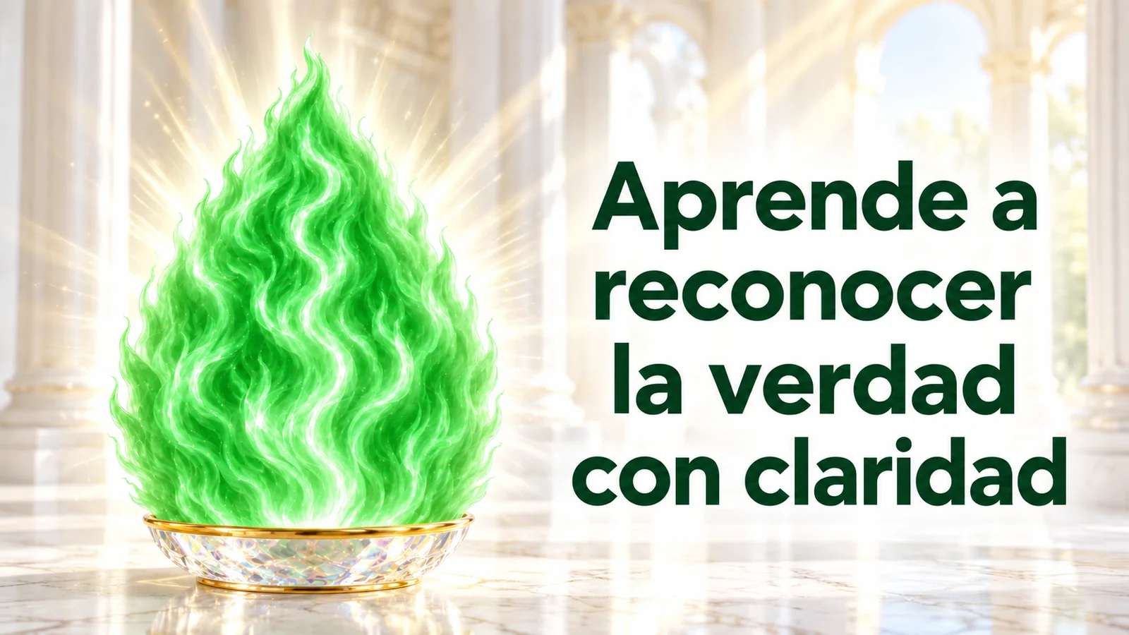 Discernimiento Espiritual: Aprende A Reconocer La Verdad Discernimiento Espiritual Llama Verde Yo Soy Espiritual Llama Verde Luminosa Sobre Un Cuenco Bajo De Cristal, Con El Texto «Aprende A Reconocer La Verdad Con Claridad».