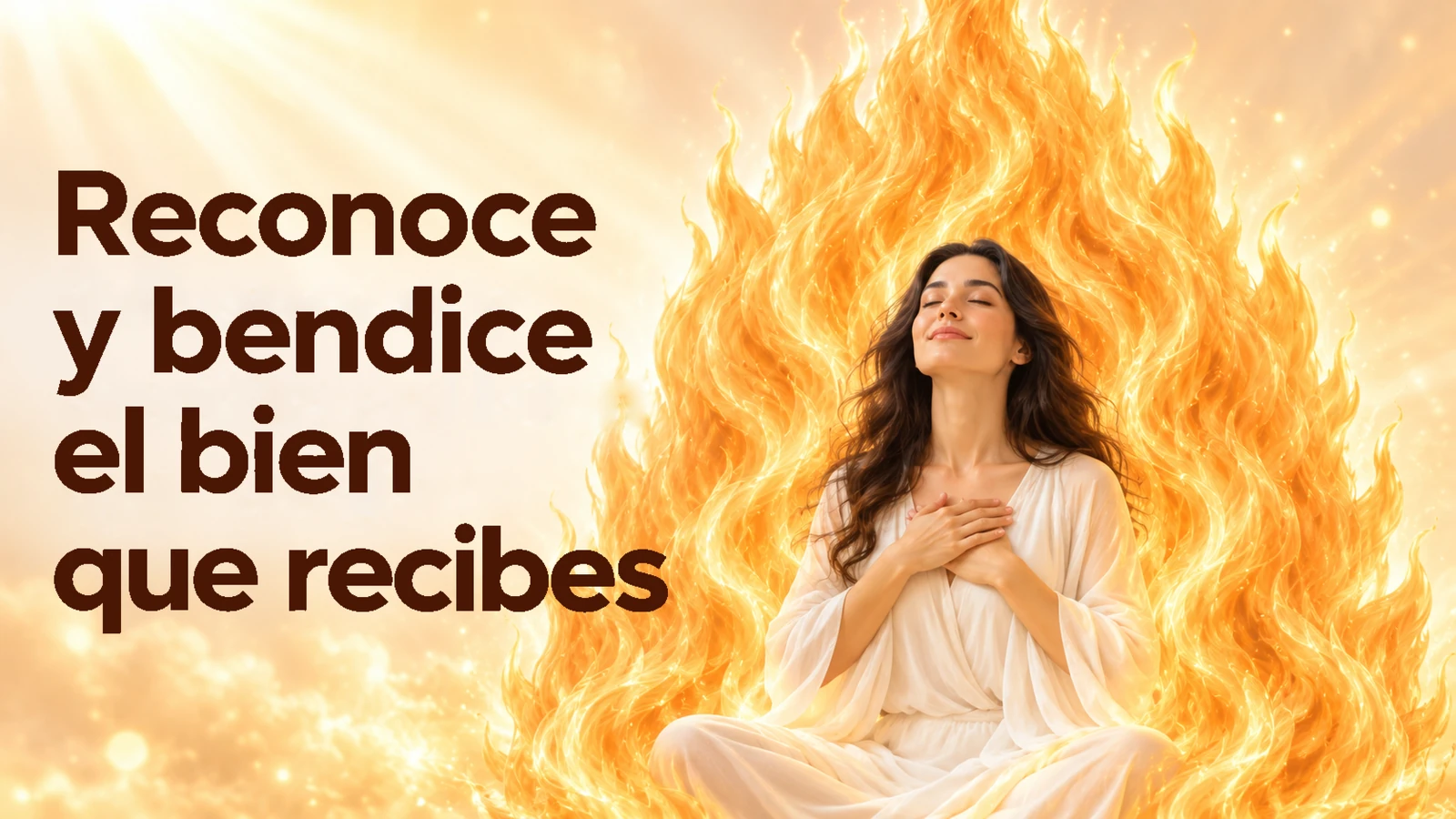 La Gratitud: Reconocer Y Bendecir El Bien Que Recibes Gratitud Cuatro Renglones Aprobada Yo Soy Espiritual Mujer Meditando Con Las Manos Sobre El Corazón Entre Llamas Doradas, Con El Texto En Cuatro Renglones: «Reconoce / Y Bendice / El Bien / Que Recibes».