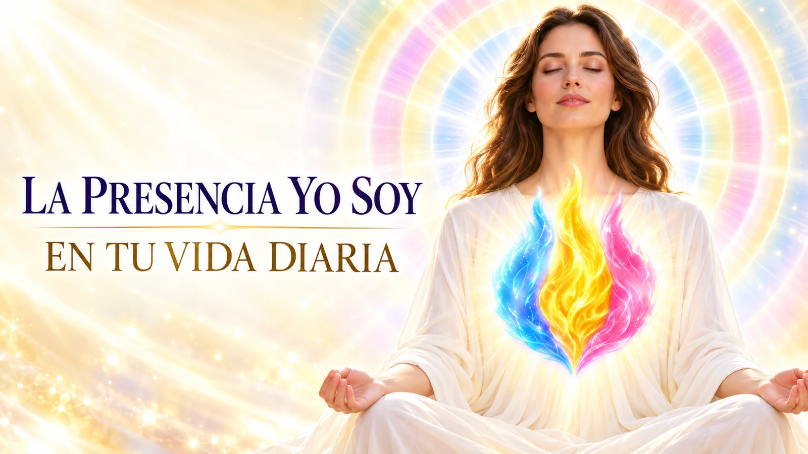 Reconoce La Acción De La Presencia Yo Soy En Tu Vida Diaria Presencia Yo Soy Vida Diaria Yo Soy Espiritual Mujer De Cabello Castaño Meditando Con La Llama Triple Azul, Dorada Y Rosa Alta En El Pecho, Rodeada De Radiación Luminosa.