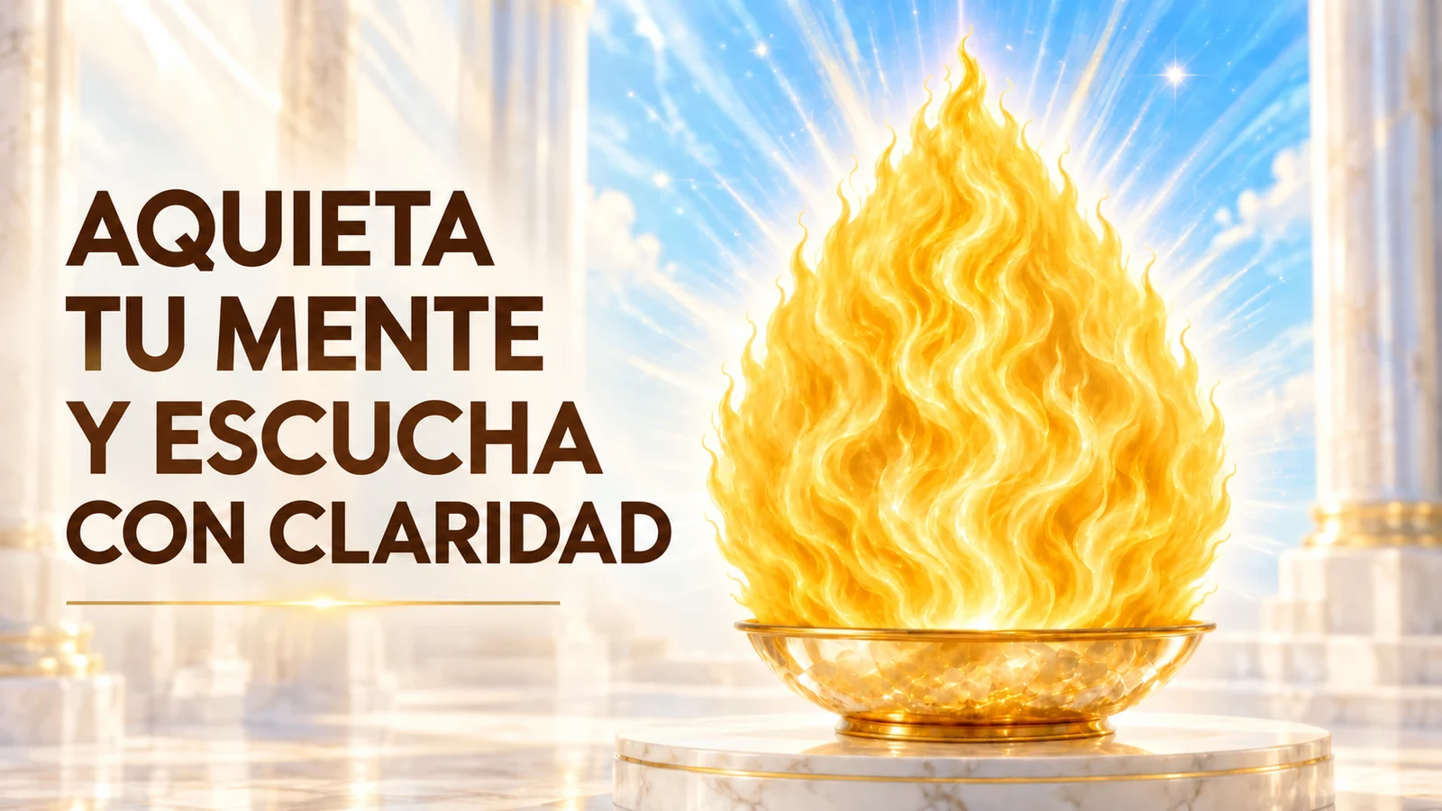 El Silencio Interno: Aquietar La Mente Para Escuchar Con Claridad Silencio Interno Tipografia Marron Yo Soy Espiritual Llama Dorada Luminosa En Un Cuenco Bajo De Cristal Y Oro, Con El Texto Aquieta Tu Mente Y Escucha Con Claridad En Marrón Oscuro.