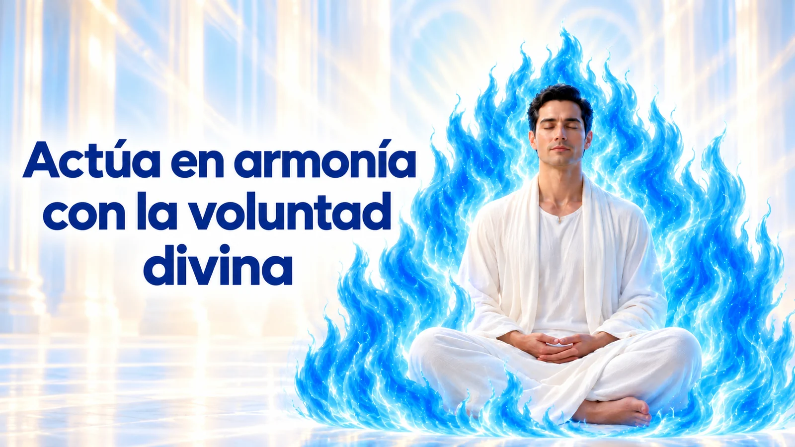 ¿Qué Significa Actuar De Acuerdo Con La Voluntad Divina? Voluntad Divina Armonia Fuego Azul Yo Soy Espiritual Hombre De Cabello Negro Meditando Rodeado De Fuego Azul Luminoso, Con El Texto «Actúa En Armonía Con La Voluntad Divina» En Azul Oscuro.